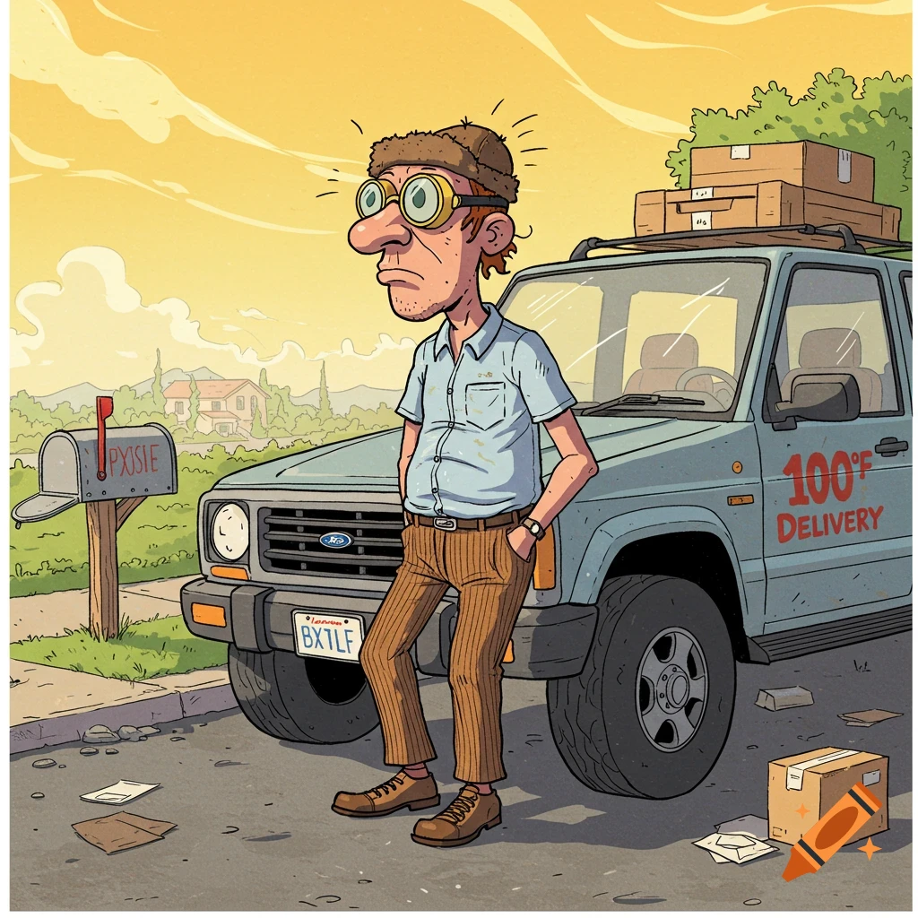 A cartoon illustration of a delivery driver wearing goggles and a wool cap, standing in front of a blue SUV with "1000F DELIVERY" written on the side. Boxes are on the roof rack and next to the vehicle.