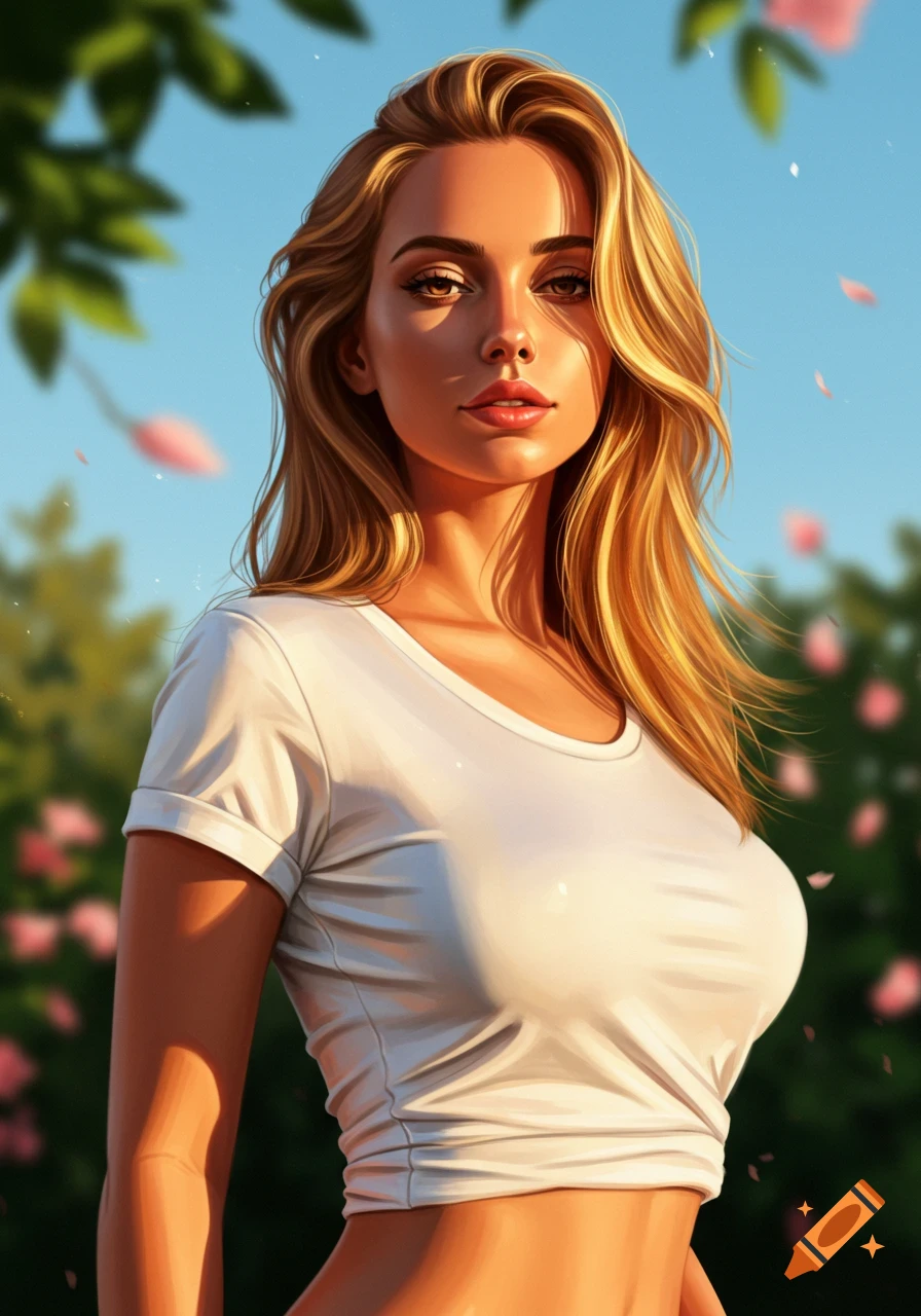 Digital portrait of a woman with long blonde hair in a white t-shirt, outdoors with blurred green foliage and blue sky.