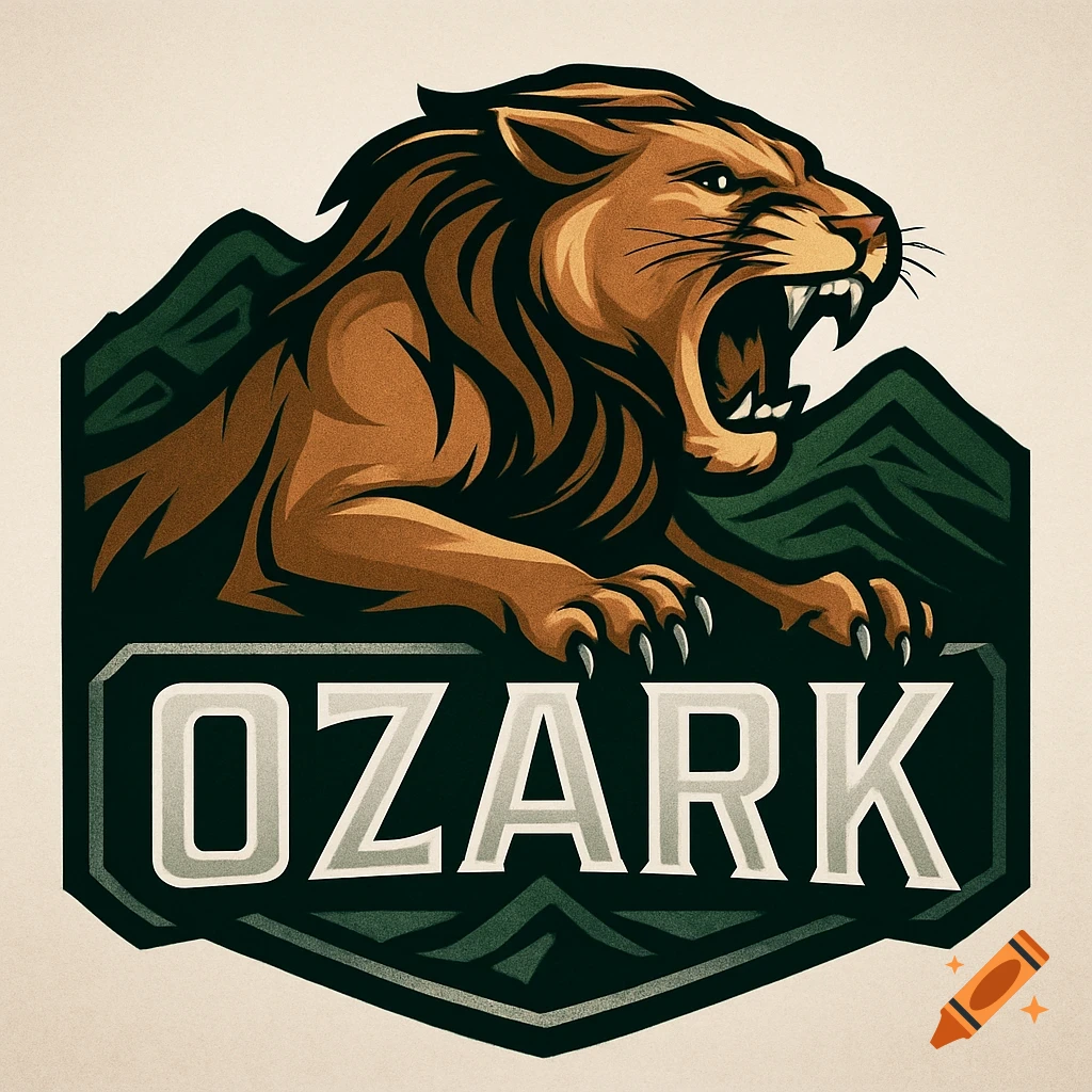 A sports logo featuring a roaring lion and green mountains, with the word 'OZARK' in bold letters.