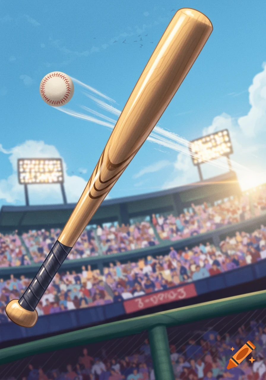 An illustrated baseball bat and ball mid-air over a blurred baseball stadium crowd.