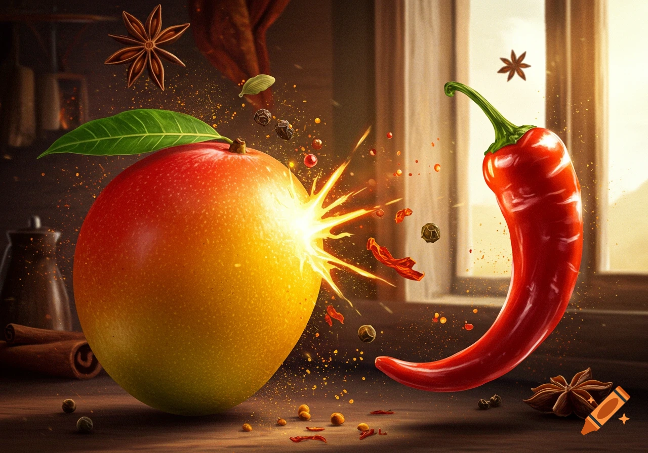 A vibrant mango and a red chili pepper collide with an energetic burst, scattering spices on a wooden table.