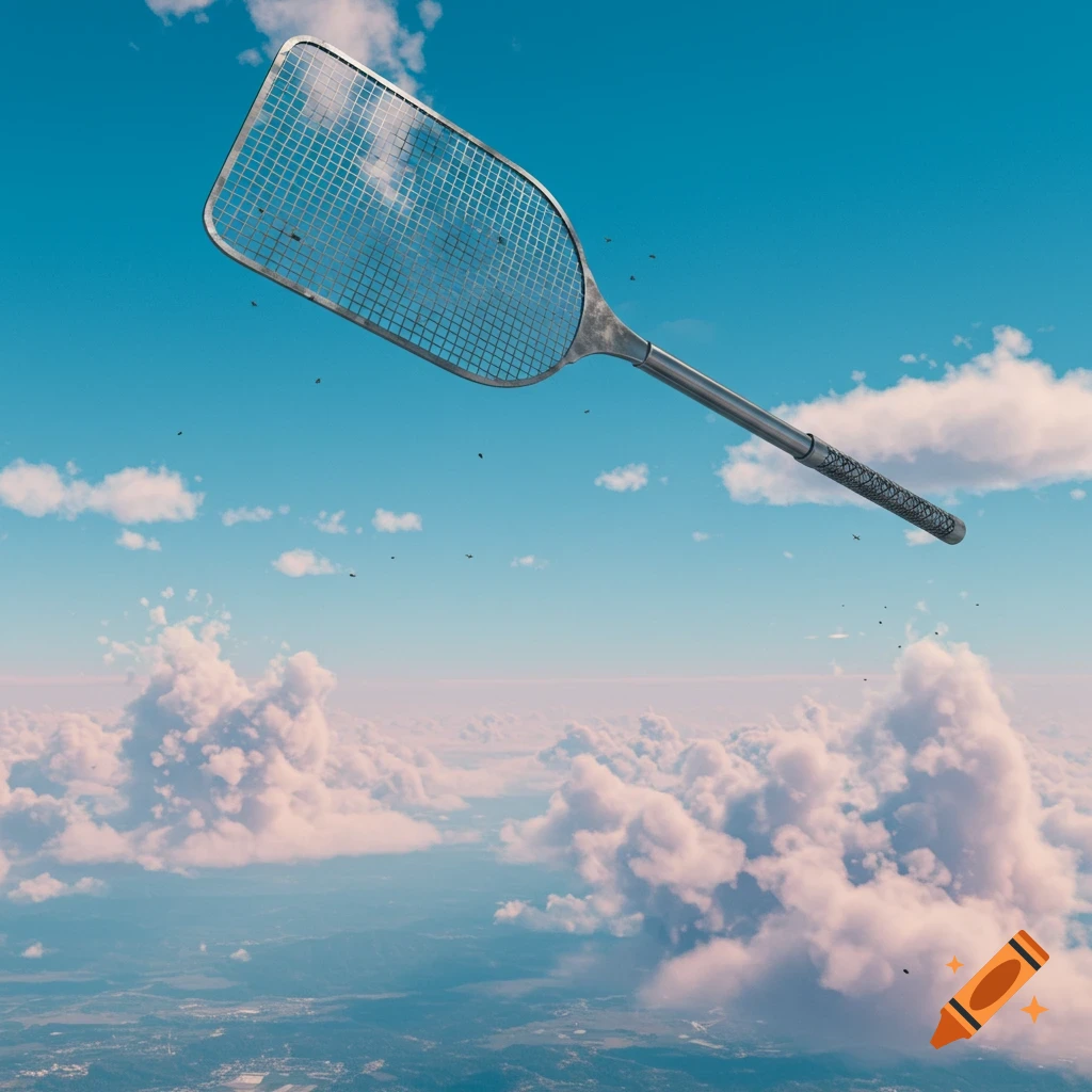 A giant flyswatter floats high above white clouds in a bright blue sky, with a distant view of Earth below.