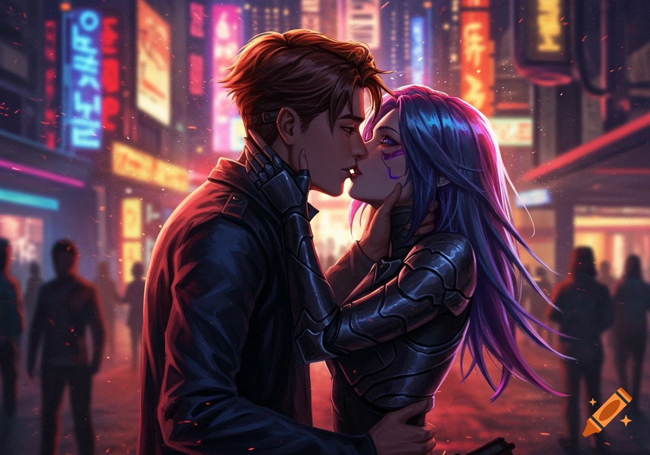A man and a woman with purple hair kissing in a neon-lit cyberpunk city, in an anime art style.