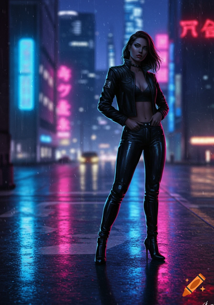 A woman in a black leather jacket and pants stands on a wet street at night, illuminated by neon lights in a cyberpunk city.