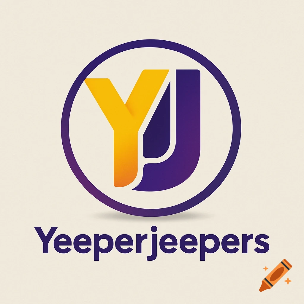 A logo for Yeeperjeepers, featuring stylized gold and purple 'YJ' letters within a purple circle, above the brand name in dark blue text.