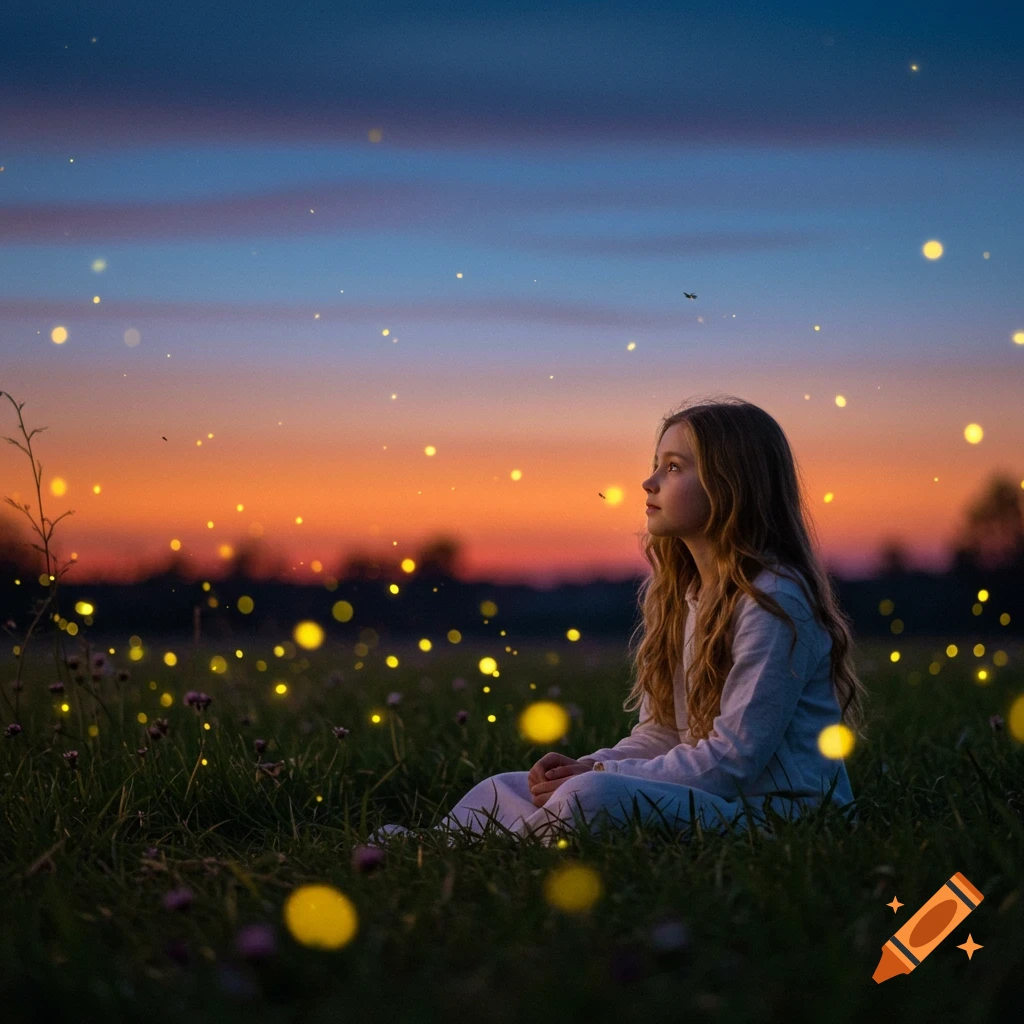 A young girl sits in a grassy field at dusk, looking up at glowing fireflies in the air. The sky is a warm gradient of orange, pink, and blue.