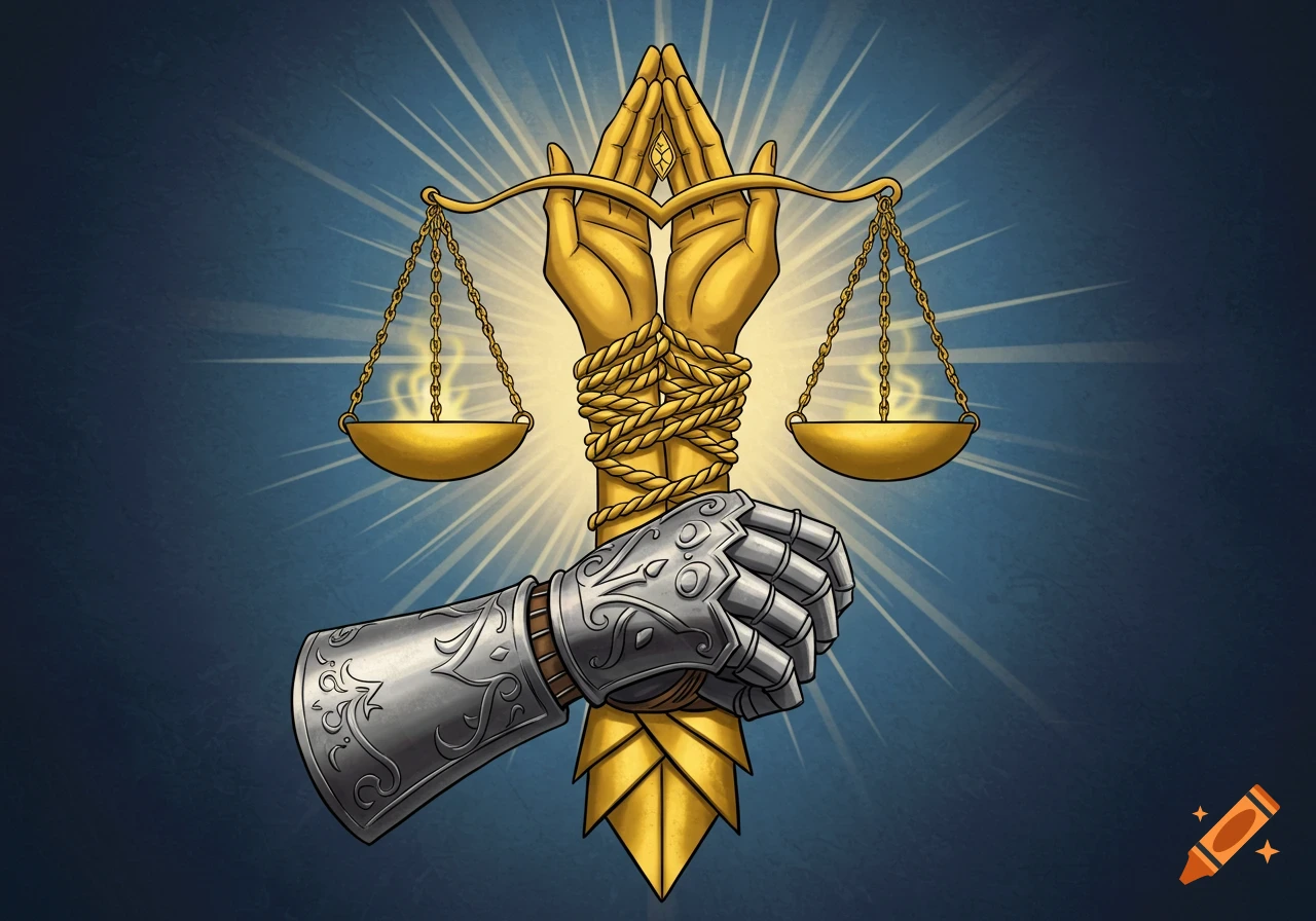 An illustrated holy symbol featuring golden praying hands holding scales, bound by rope, and grasped by a silver armored gauntlet against a radiant blue background.