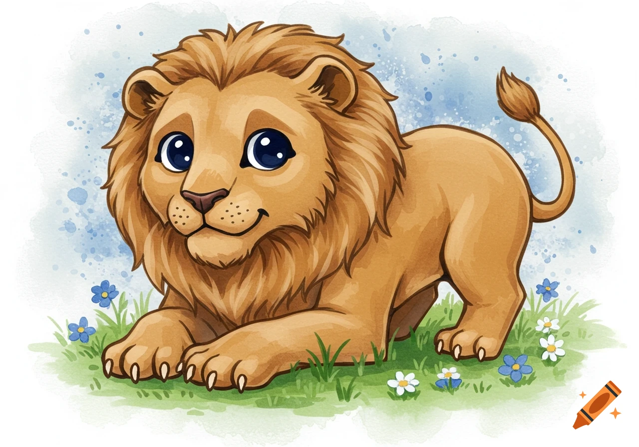 A cute cartoon watercolor lion cub lies on green grass with small flowers against a blue background.