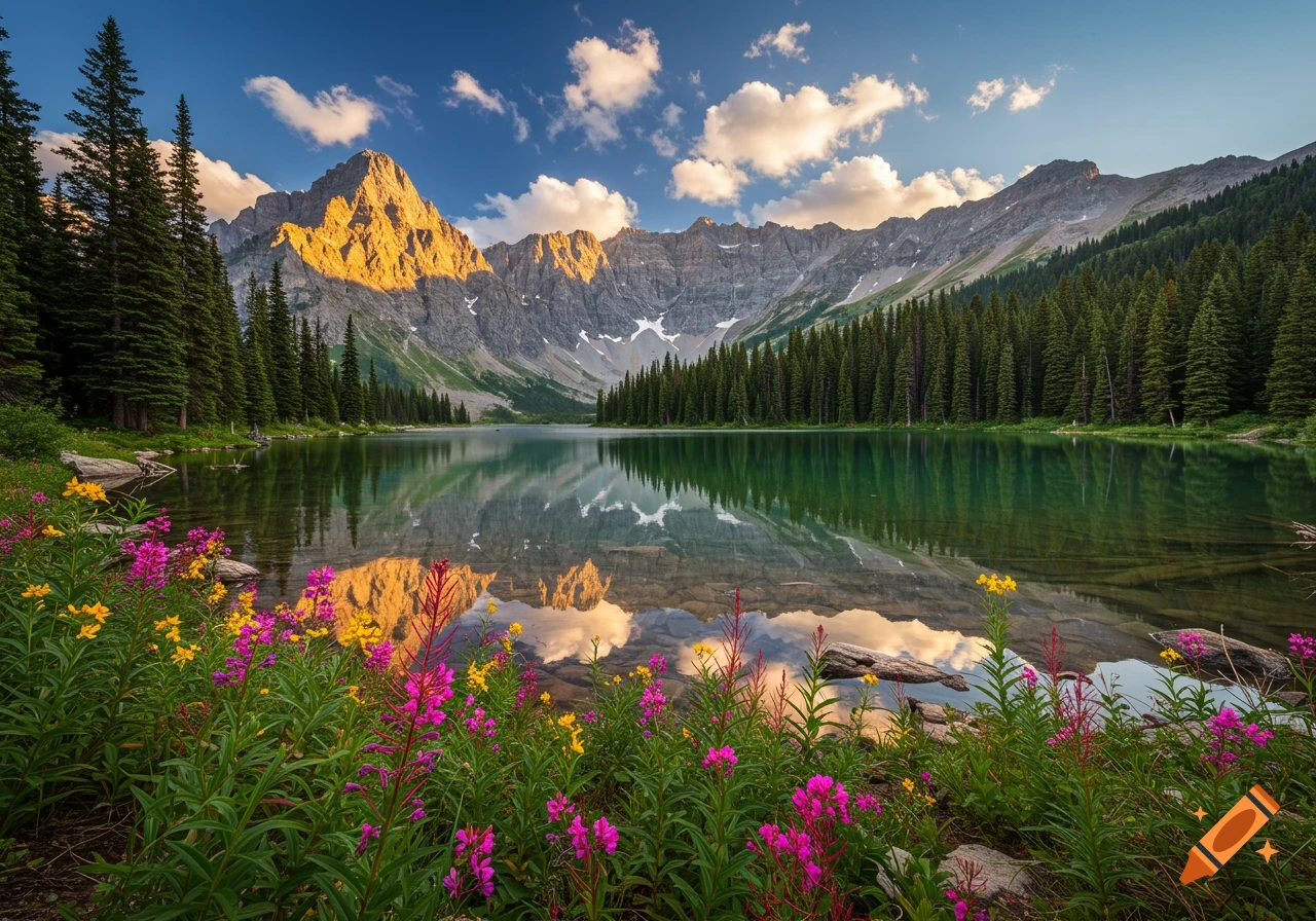 A photorealistic landscape of a serene mountain lake reflecting a sunlit peak and blue sky, with vibrant pink and yellow flowers in the foreground.
