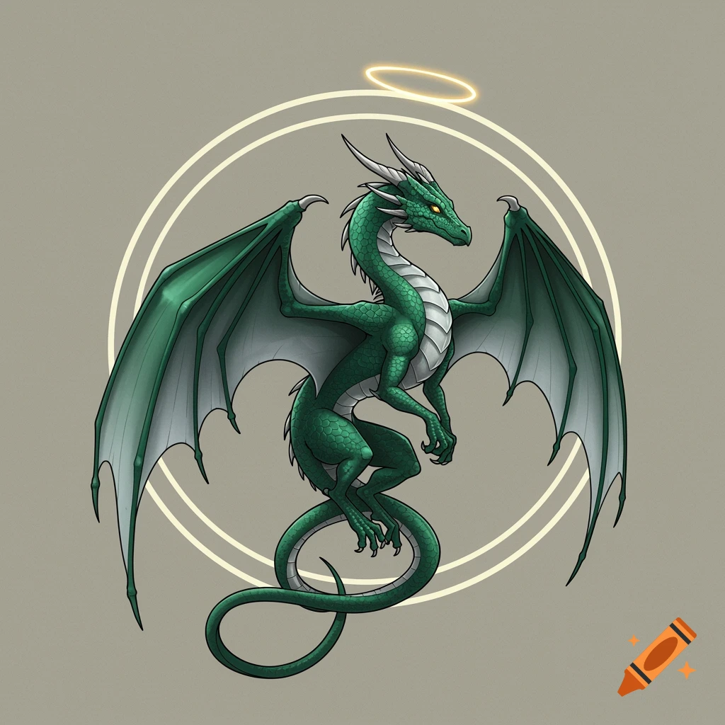 A stylized green dragon with white belly scales and large wings stands within concentric circles, with a golden halo above its head.