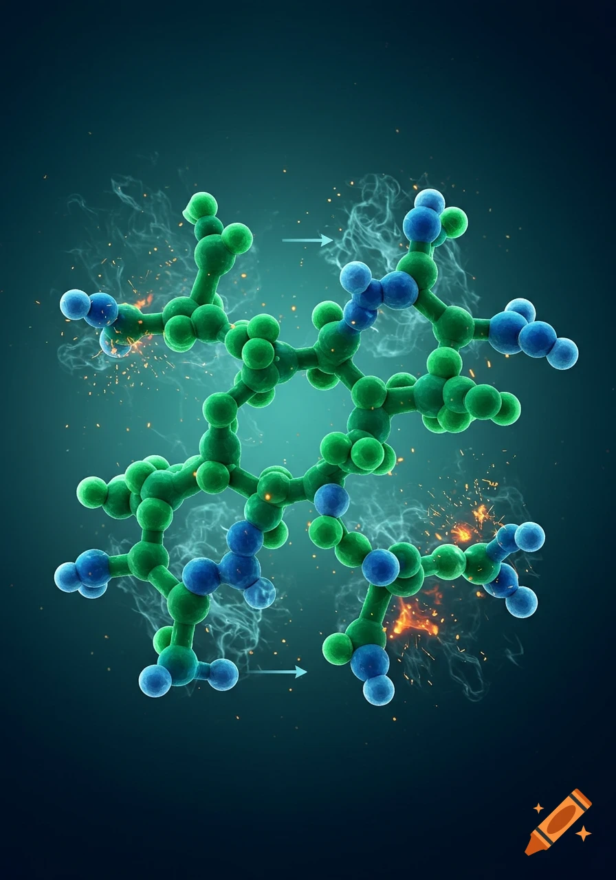 A vibrant green and blue molecular structure surrounded by sparks and smoke on a dark teal background.