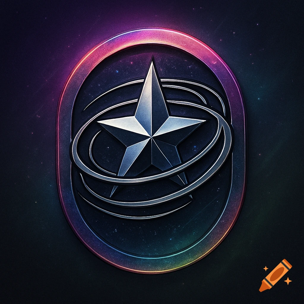 A metallic five-pointed star with orbiting rings inside a glowing oval border, on a dark, starry background.