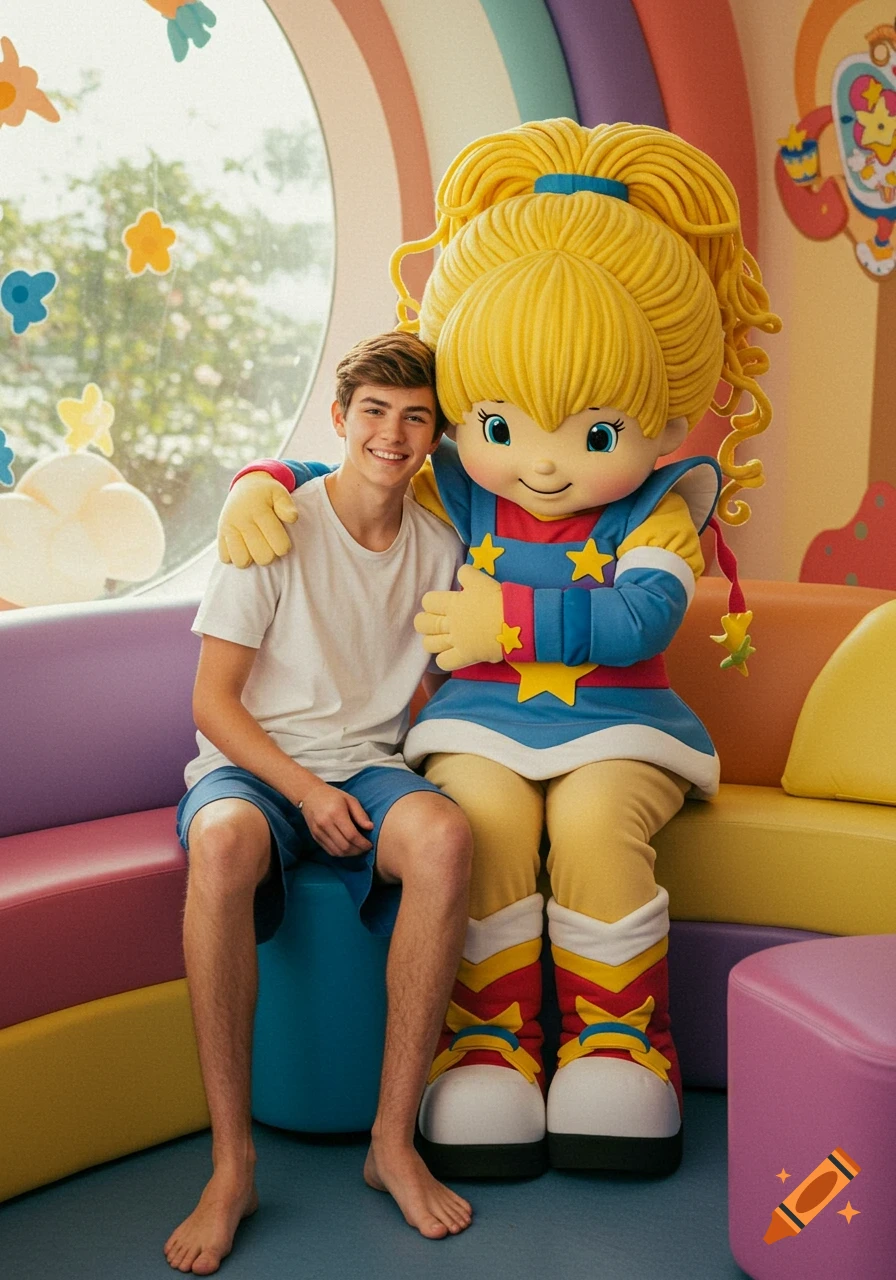 A smiling teenage boy sitting next to a colorful Rainbow Brite mascot, who has an arm around him, in a bright room.