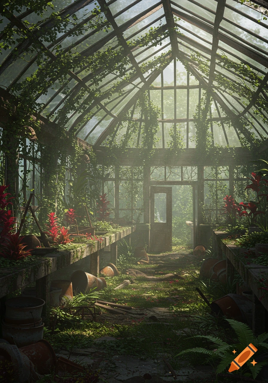 A sunlit, overgrown post-apocalyptic greenhouse with vines, plants, and broken pots.