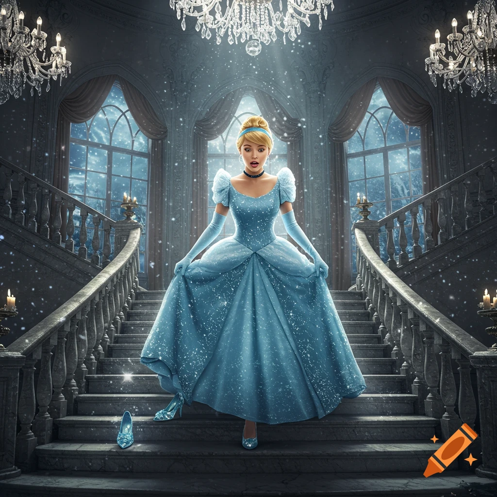 Photorealistic Cinderella in a blue gown stands on a grand staircase, with a lost glass slipper and snowy windows.