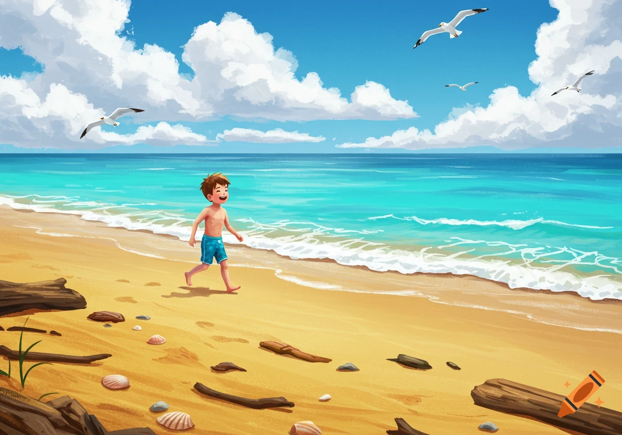 A happy cartoon boy in blue swim shorts walks along a sunny sandy beach with blue ocean waves and seagulls flying overhead.
