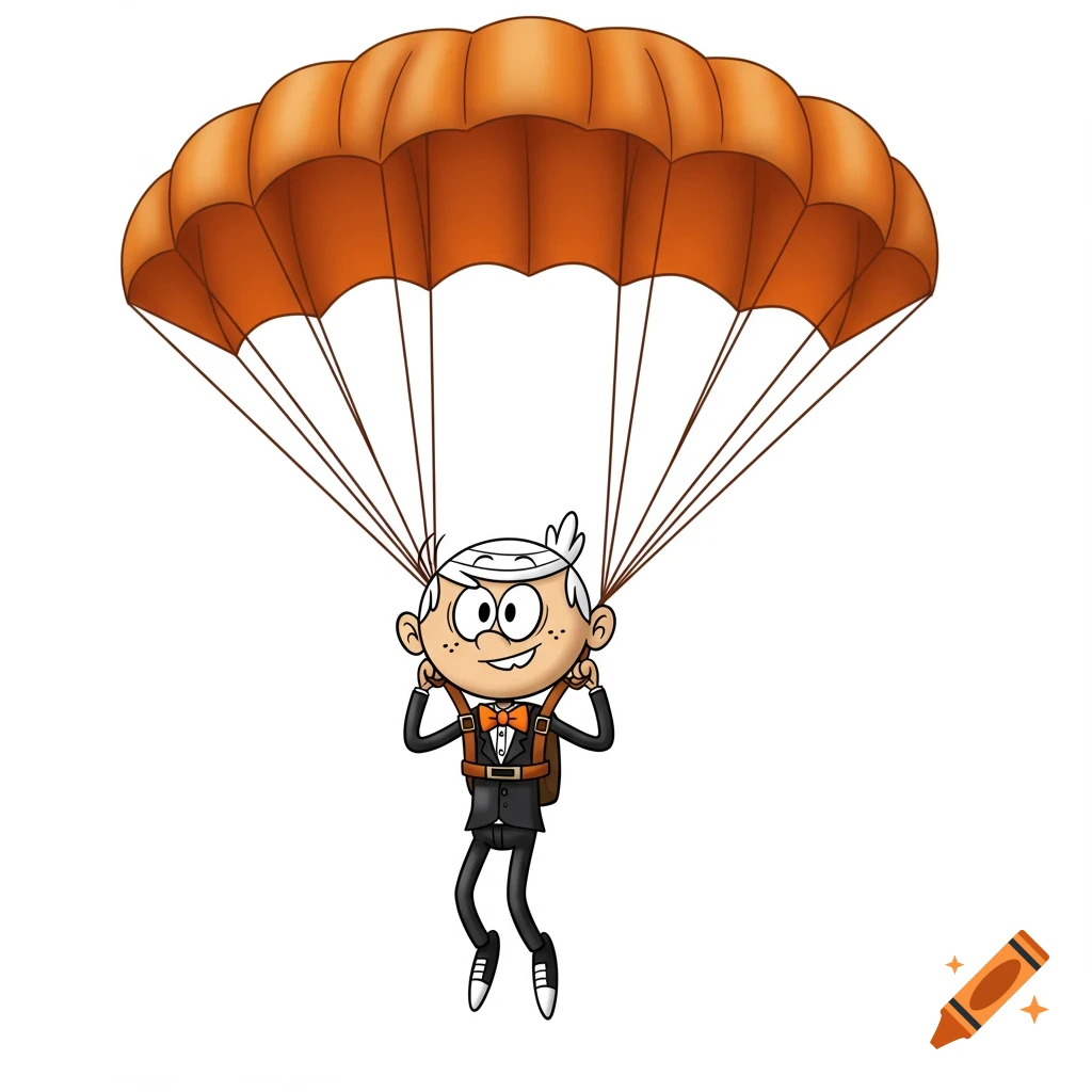 Cartoon Lincoln Loud in a tuxedo and orange bow tie, with an orange parachute, on a white background.