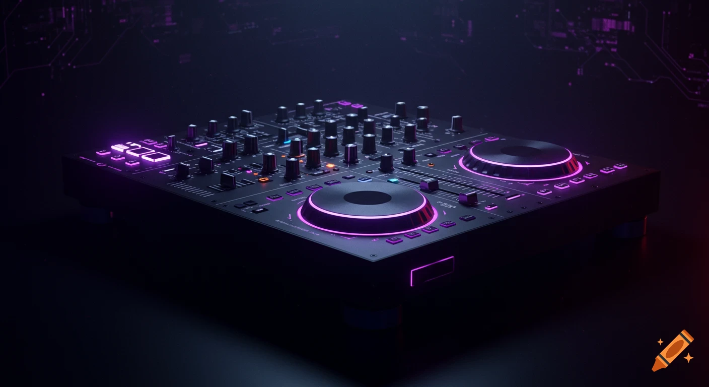 A cyberpunk-style DJ controller with glowing purple lights against a dark, moody background.