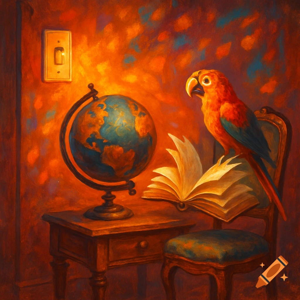 A vibrant, painterly scene of a red and blue parrot perched on an open book, next to a globe and wooden table. A light switch is on the wall.