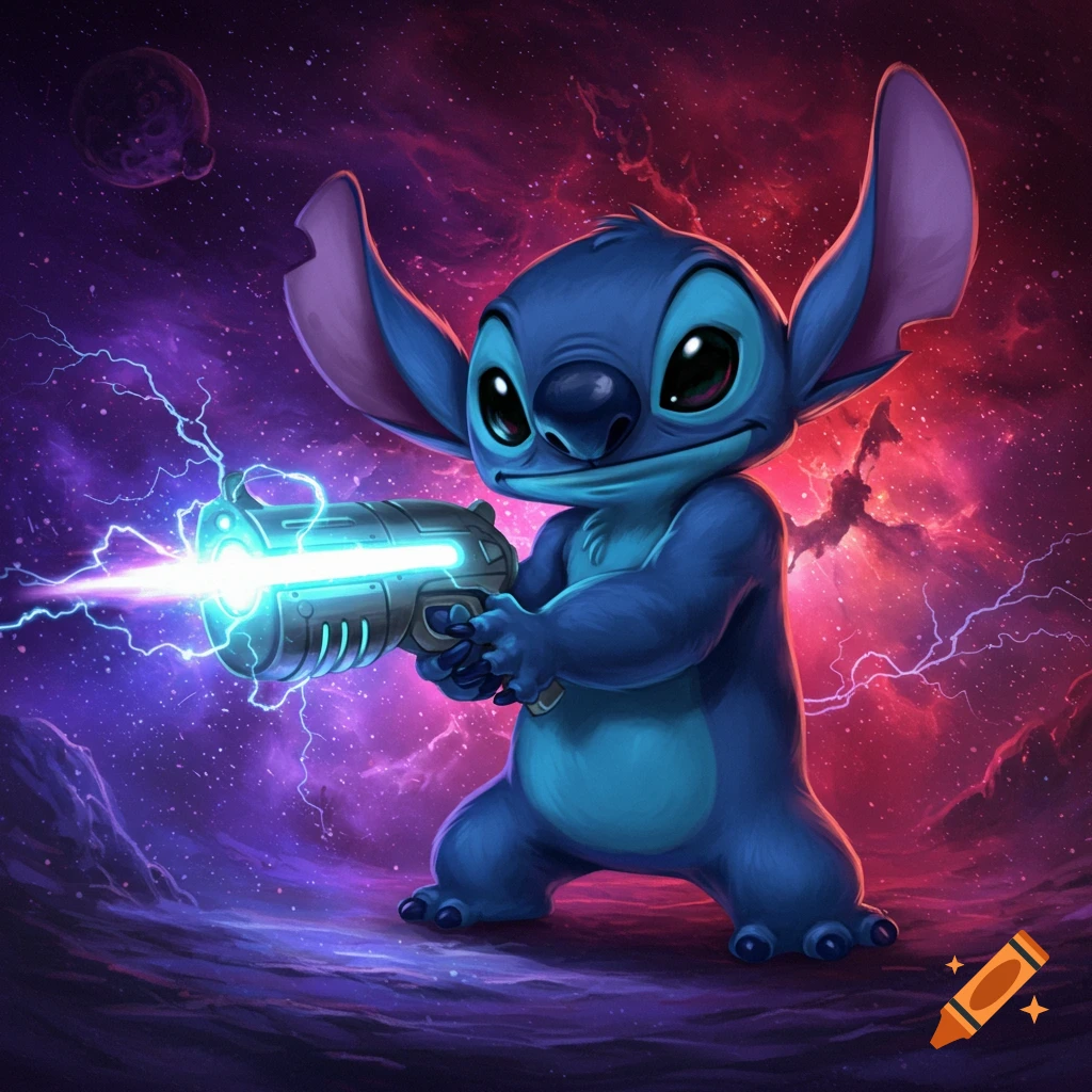 Blue alien character Stitch holds a glowing laser gun with electric arcs in a vibrant space scene with nebulae and planets, digital art.