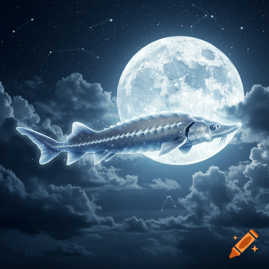 A stylized sturgeon floats in a starry night sky with a large glowing full moon and scattered clouds.