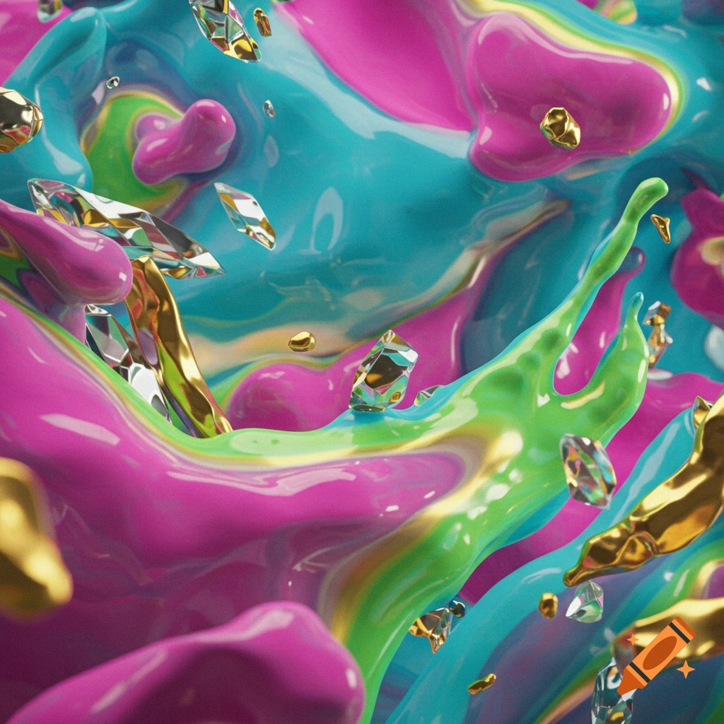 Glossy, colorful abstract liquid forms in pink, blue, green, and gold with floating gold nuggets and faceted crystals.