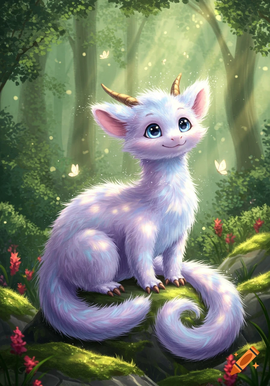 A cute, fluffy white and purple horned creature with blue eyes sits in a vibrant green forest, looking up.
