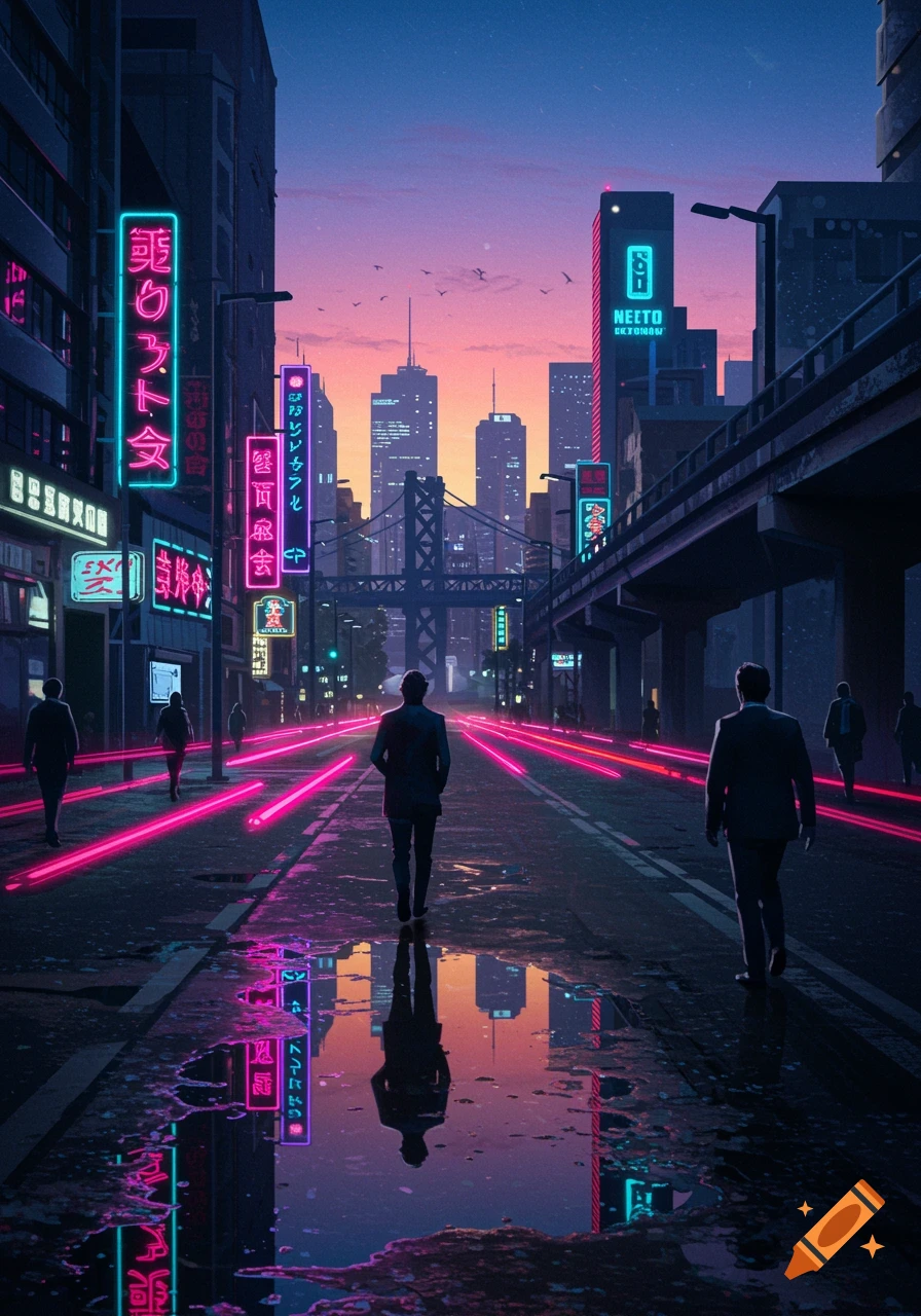 A street in a futuristic city at dusk, with neon signs in pink and blue, reflecting in puddles on the wet pavement, and people walking along the street.