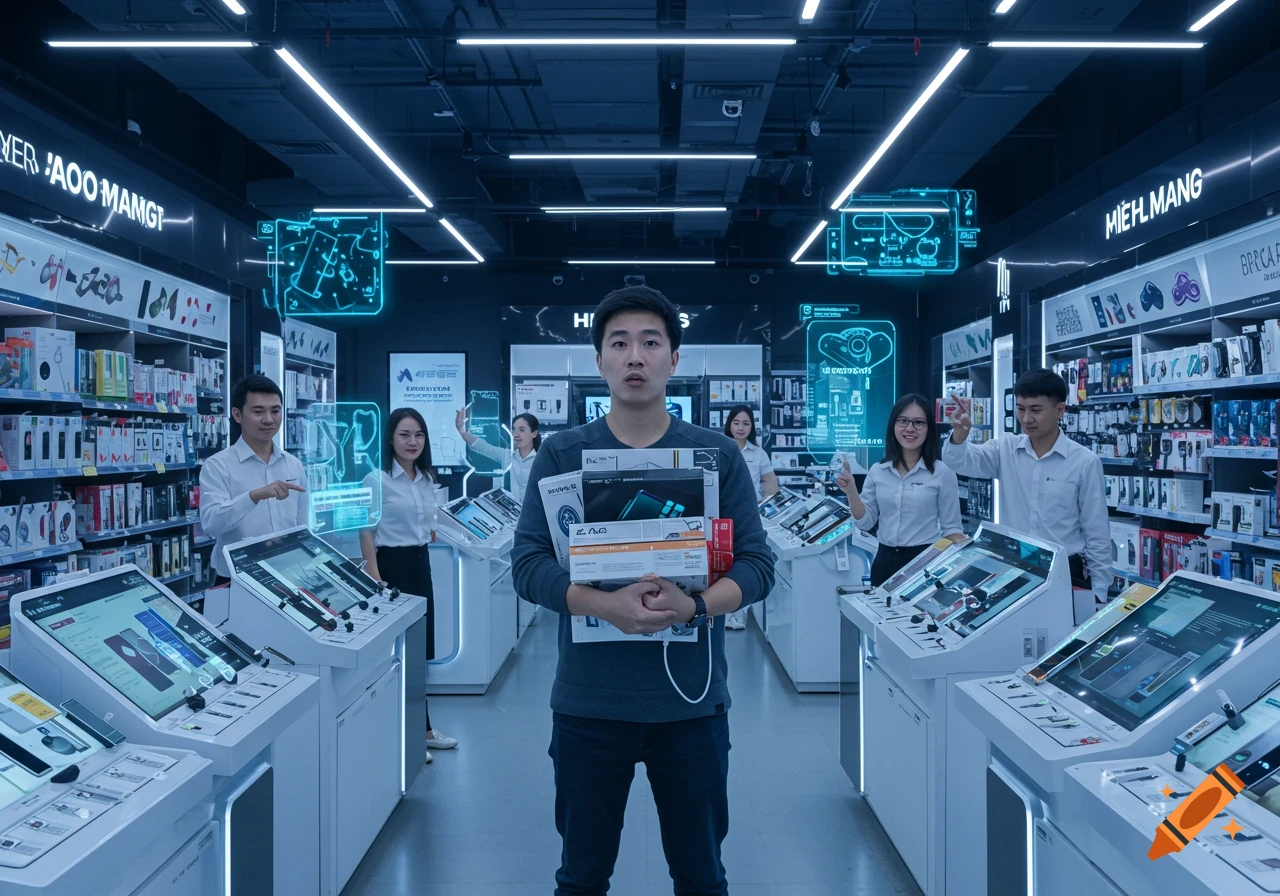 A confused male shopper holds many electronics boxes in a futuristic, neon-lit electronics store with helpful salespeople.