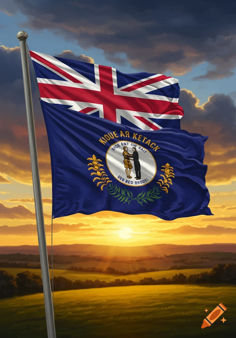 A Union Jack flag and a blue Kentucky-style flag flying over a green landscape with a bright sunset.
