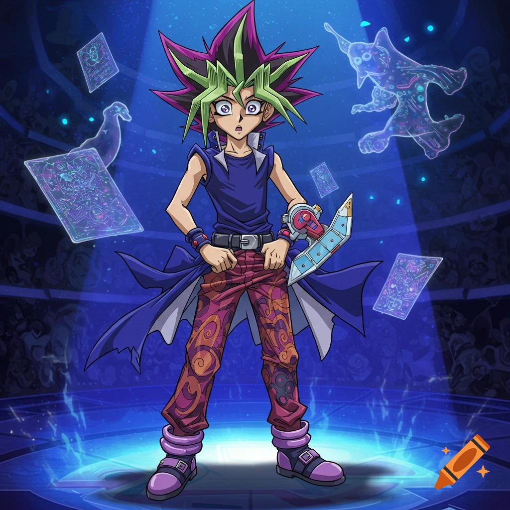 Anime character Yugi Muto in a dueling arena, surrounded by floating holographic trading cards and ghostly monsters.