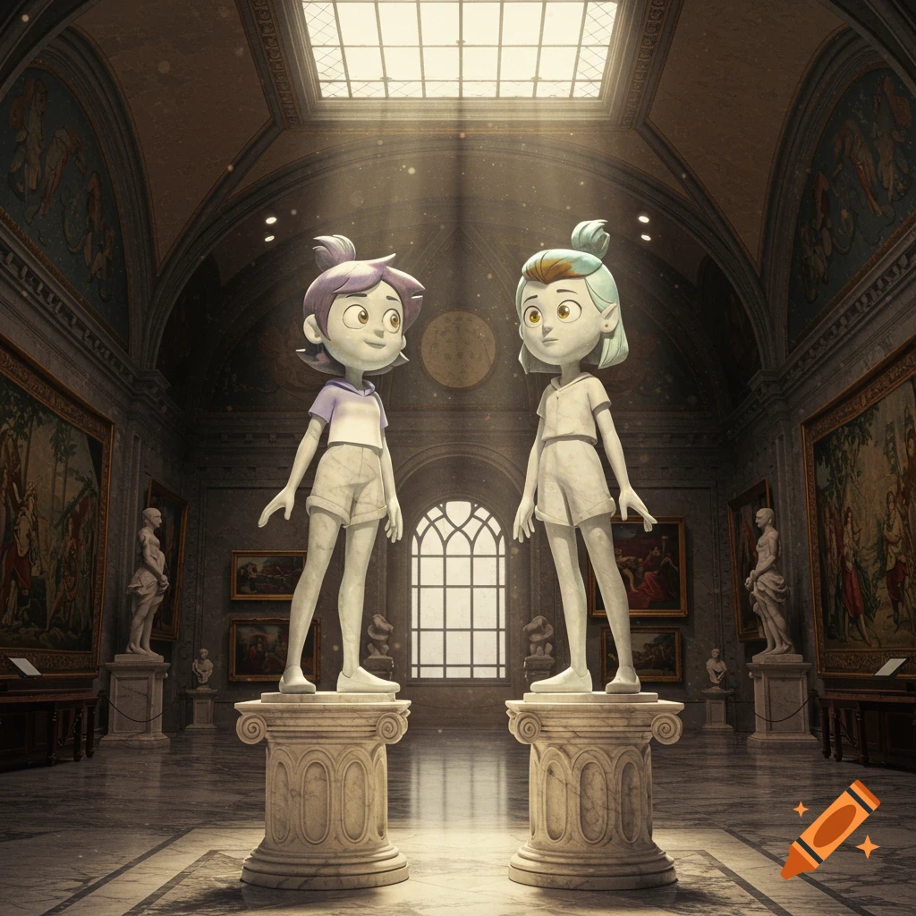 Two stylized cartoon statues resembling Luz and Amity stand on pedestals in a grand museum hall with paintings and skylight.