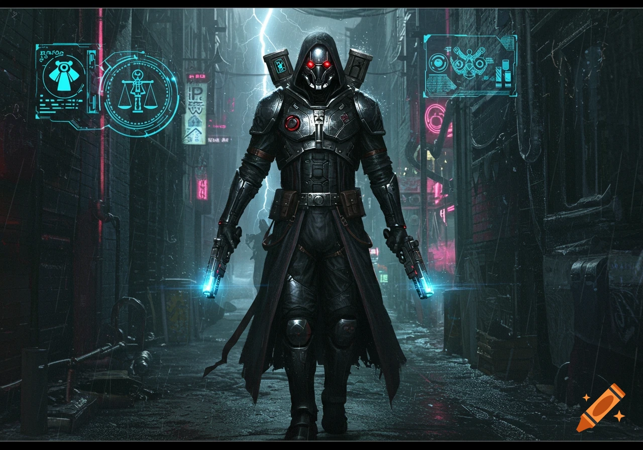 A dark, armored warrior with glowing red eyes stands in a rainy, neon-lit cyberpunk alley, holding two futuristic guns with blue glows.
