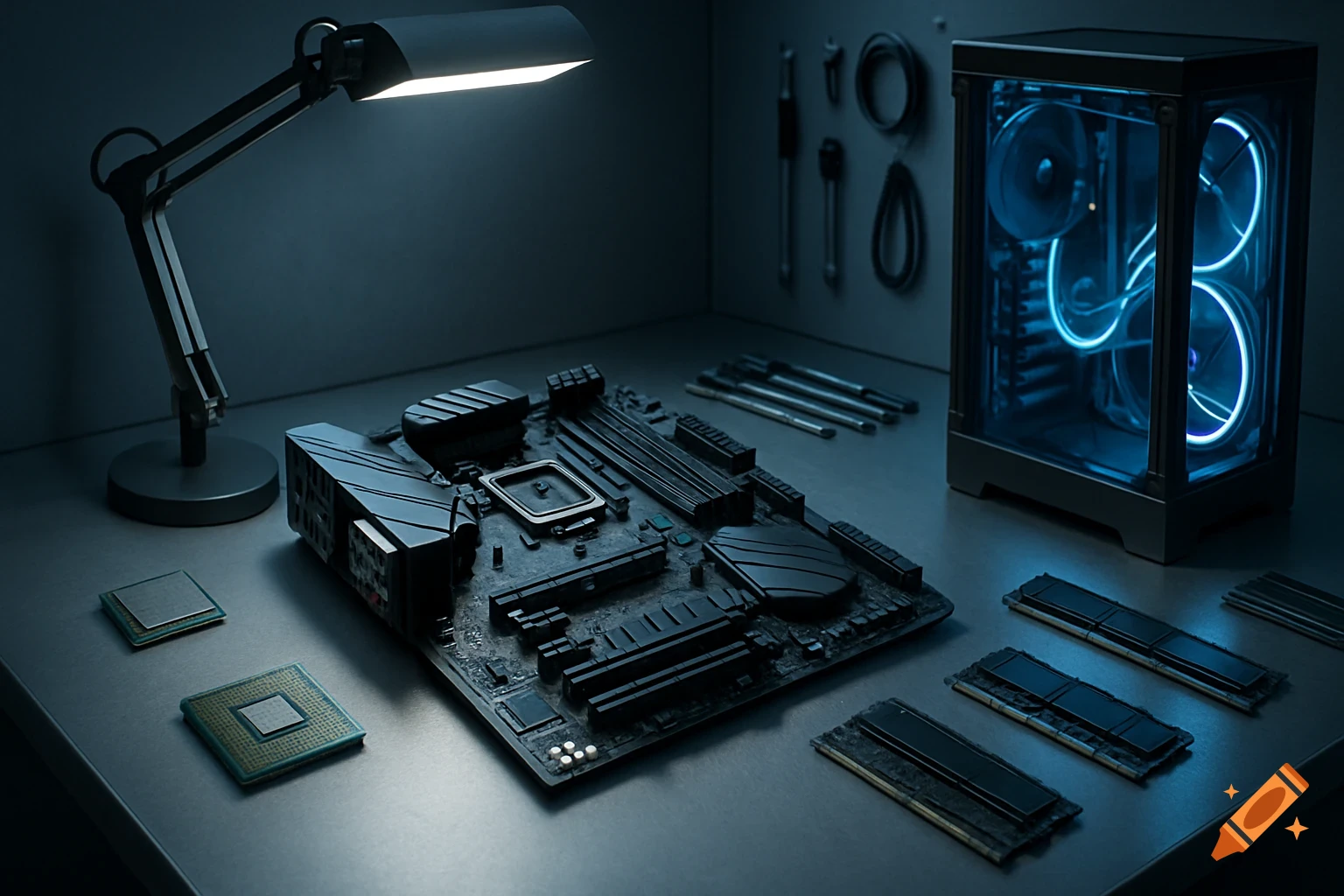 Photorealistic scene of computer hardware: motherboard, CPUs, RAM, and a glowing PC case on a desk with a lamp.