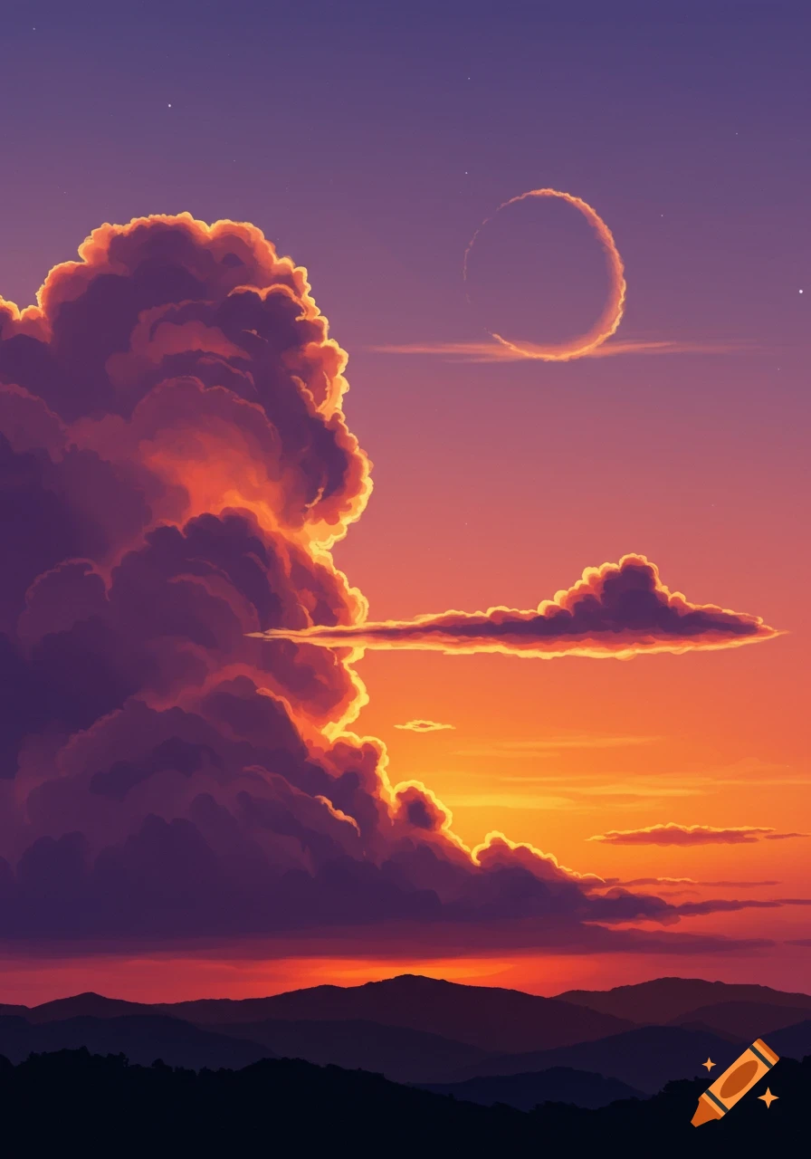 Vibrant stylized sunset with large, illuminated clouds and a cloud circle in the sky over dark mountain silhouettes.
