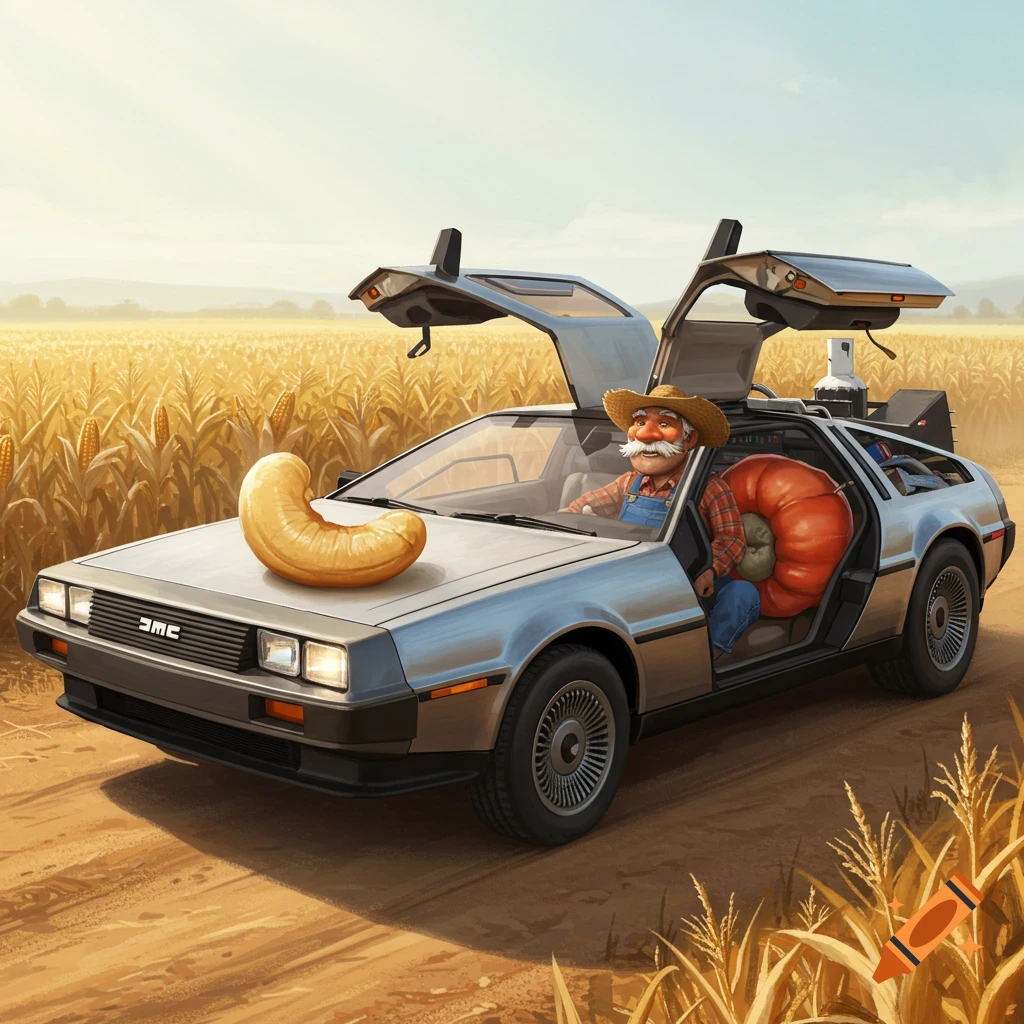 Cartoon farmer in a silver DeLorean drives through a cornfield with a large cashew on the hood and a giant pumpkin in the passenger seat.