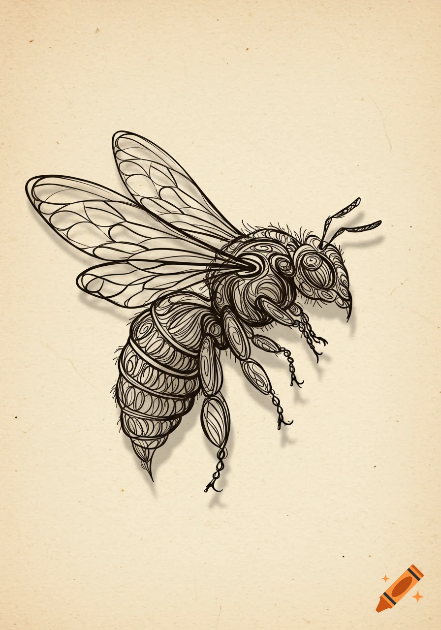 A black outline drawing of a bee with intricate, swirling lines on a textured beige background, resembling cursive writing.