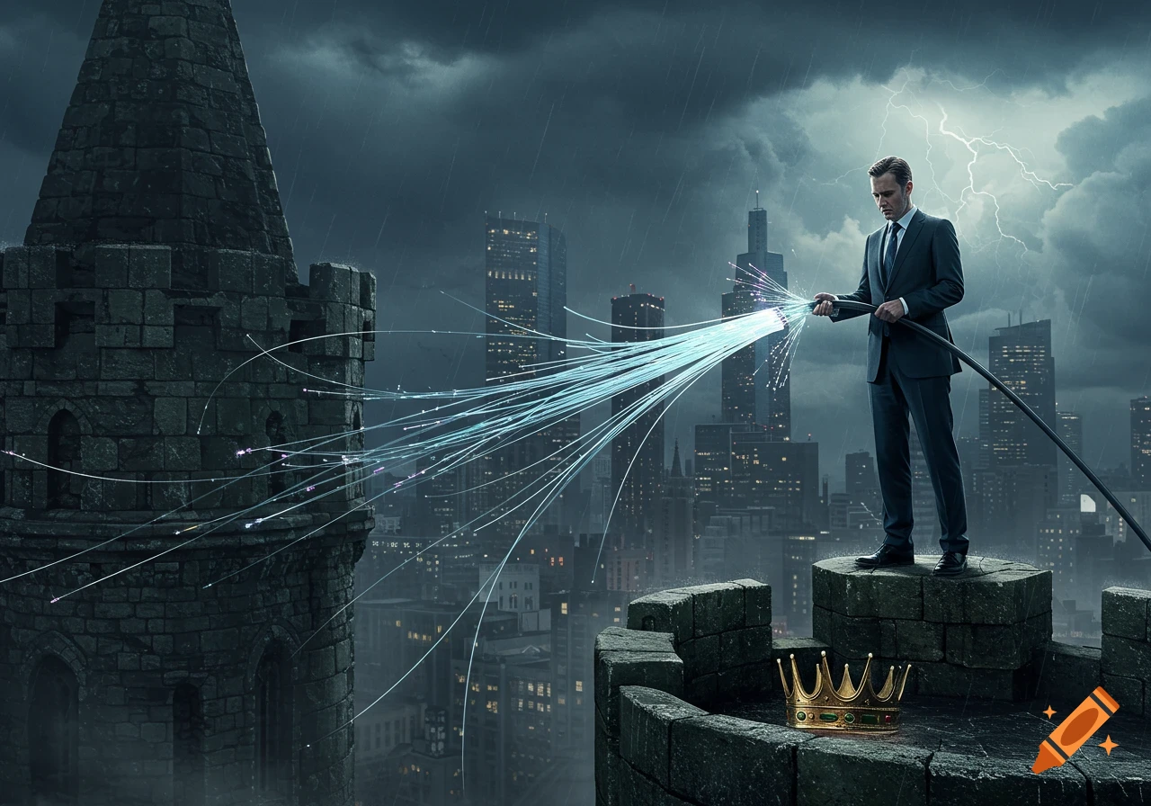A man in a suit stands on a stone tower holding a glowing fiber optic cable, with a cityscape under a stormy sky in the background. A golden crown rests on the tower.