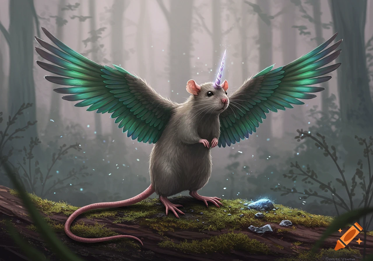A fantasy illustration of a rat with green wings and a purple unicorn horn, standing on a mossy log in a misty forest.
