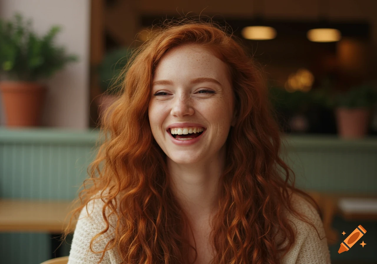 A joyful redhead woman with freckles laughs openly, sitting indoors in a photorealistic style.