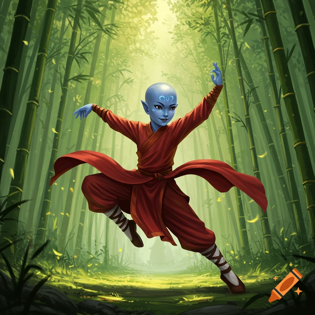 A blue-skinned, bald, elf-like monk child in red robes jumps in a martial arts pose in a sunlit bamboo forest.