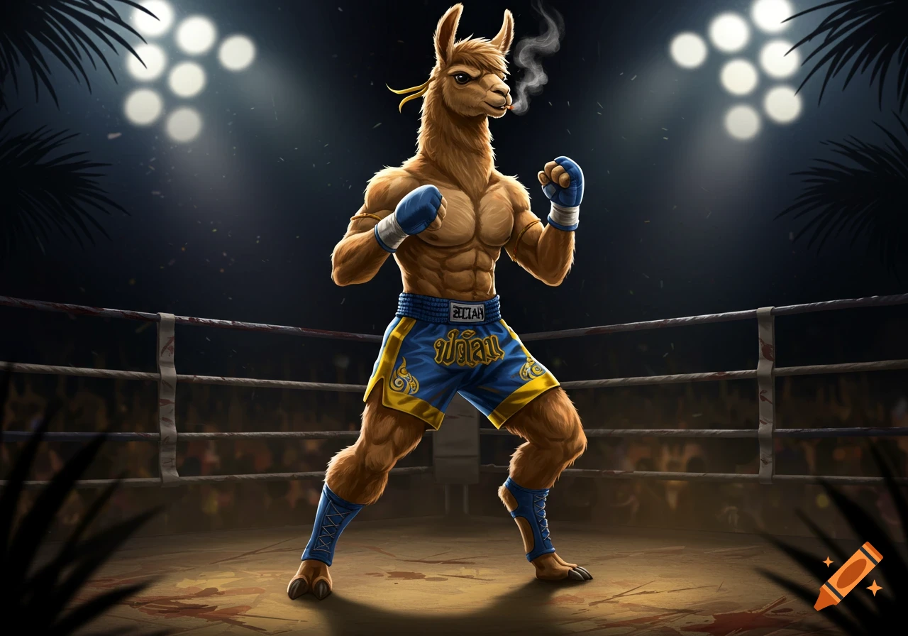 A muscular humanoid llama in blue and yellow Muay Thai shorts, blue boxing gloves, and ankle supports, standing in a boxing ring under bright spotlights, smoking a cigarette.