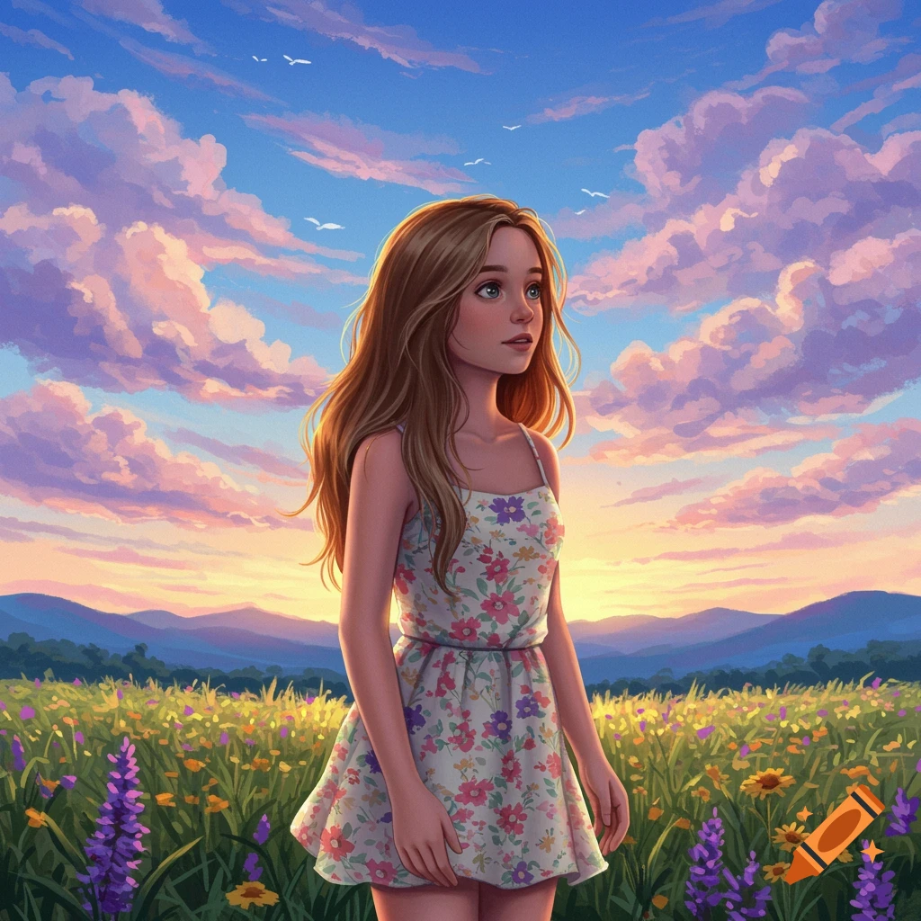 A young woman with long brown hair stands in a field of colorful wildflowers under a vibrant sunset sky with pink and purple clouds.