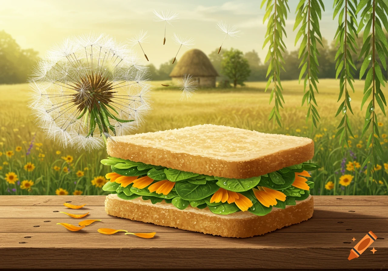 A dandelion sandwich with green leaves and orange petals on a wooden table in a sunny field, with dandelion seeds blowing.
