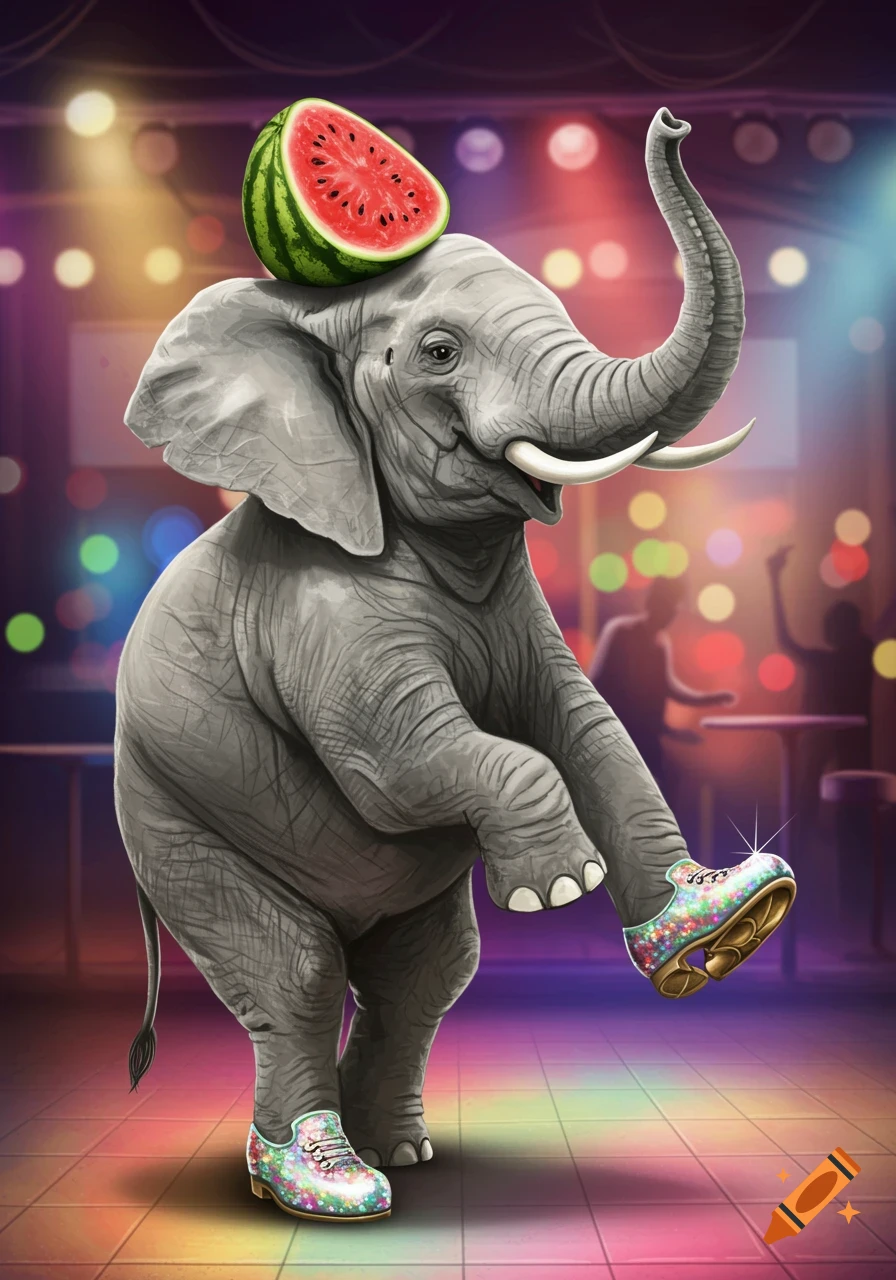 A whimsical illustration of an elephant dancing in a disco, balancing a watermelon on its head and wearing sparkly shoes.