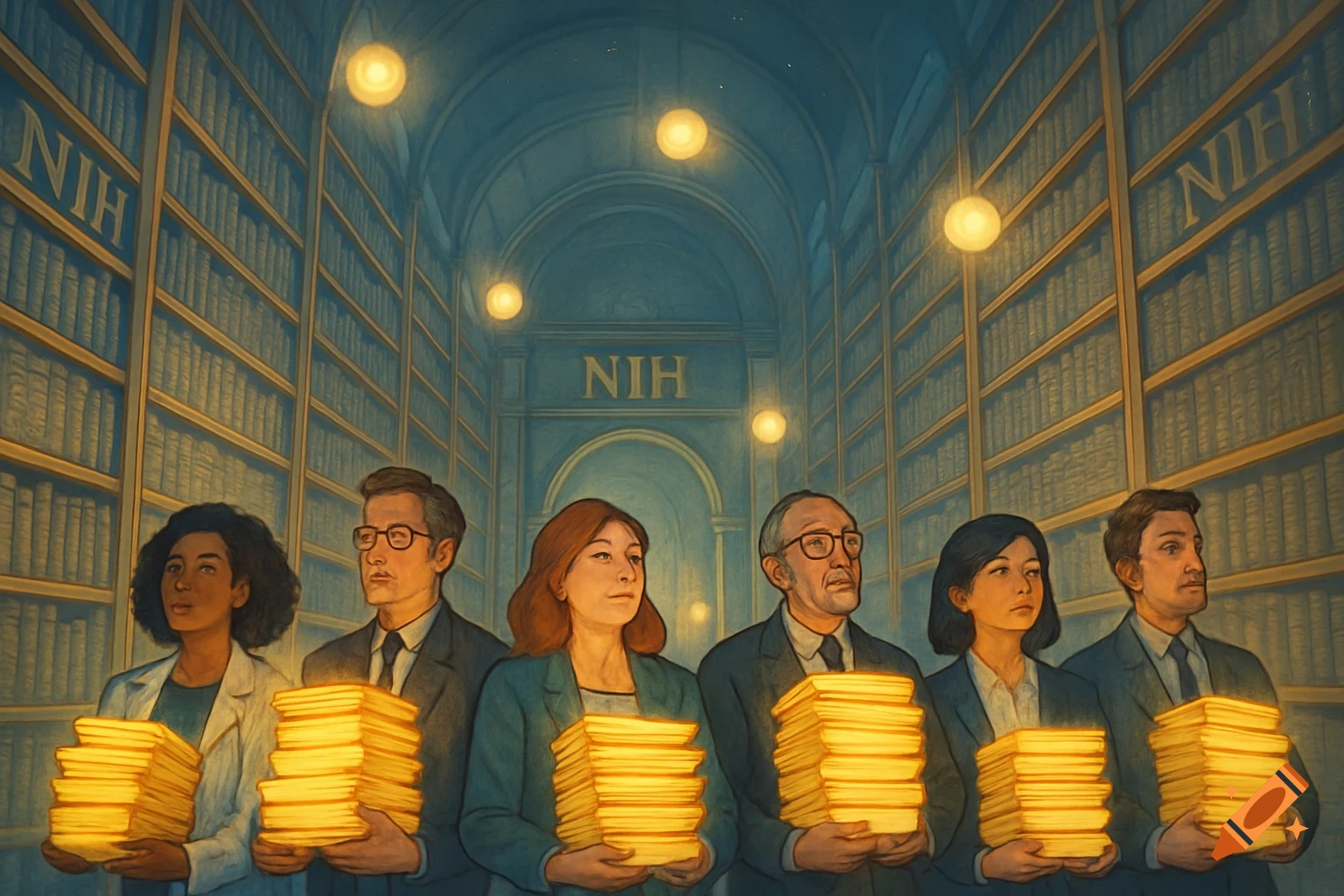 Six people, some in lab coats, stand in a large library, each holding stacks of glowing books. 'NIH' is visible on the background wall in an illustrative style.