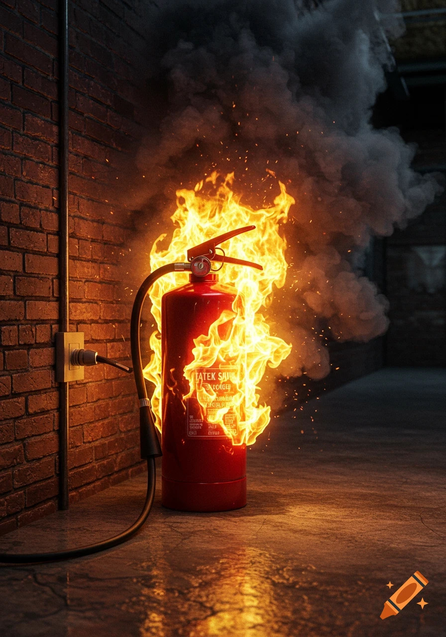 A red fire extinguisher engulfed in flames and smoke, plugged into an electrical outlet on a brick wall, with sparks flying. Photorealistic style.