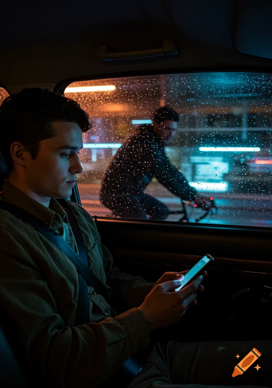 A man looks at his phone in a car at night with rain on the window, a blurred cyclist outside.