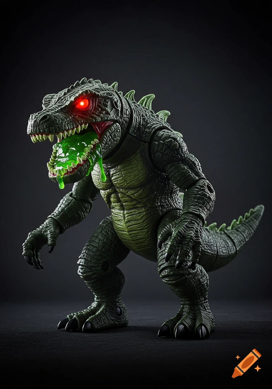 A dark green toy monster with red glowing eyes and green slime drooling from its mouth, standing on a dark surface.