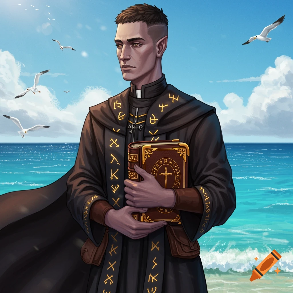A fantasy priest with pointed ears and dark robes stands by the sea, holding a large, ornate book.